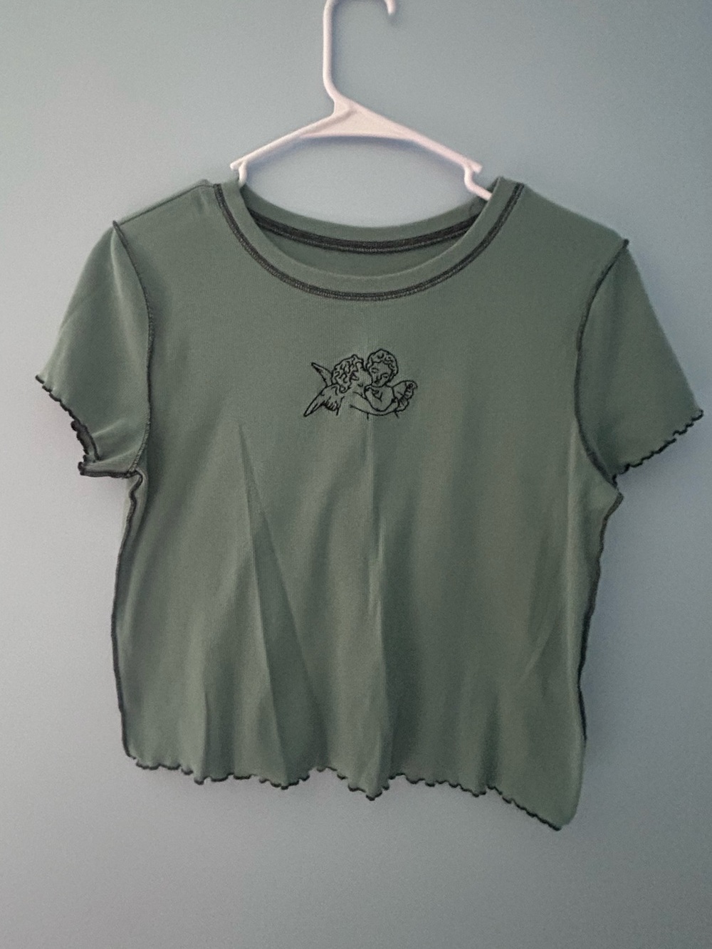 Arizona Jean Sage Green Y2K Crop Tee with Cherub Graphic